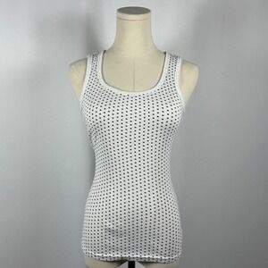 White Ribbed Tank Top Black Dot Print Scoop Neck Sleeveless Women's
